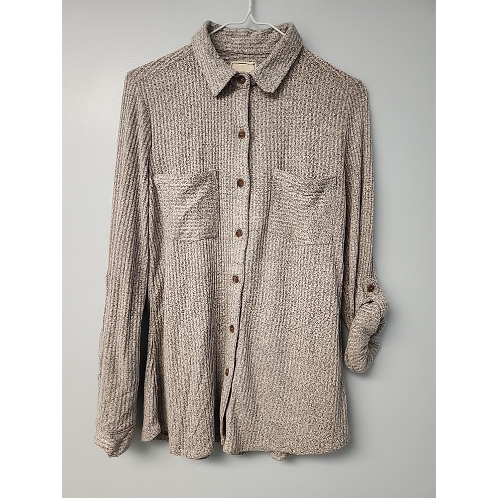 Modish Rebel Womens  S Waffle Knit Shirt Top Gray Button Up Roll Tab Long Sleeve